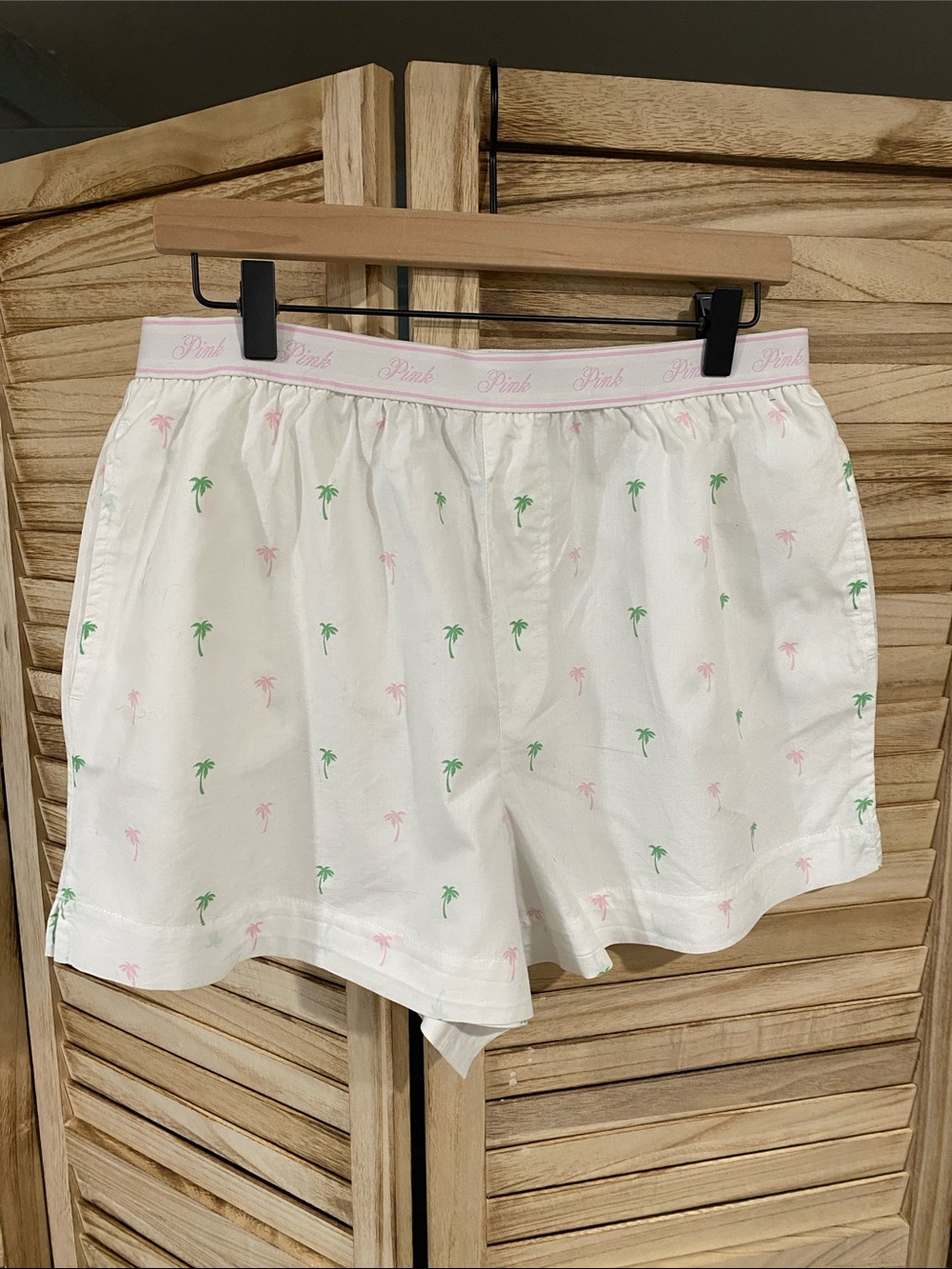Victoria's Secret White Cotton Shorts with Pink & Green Palm Motif